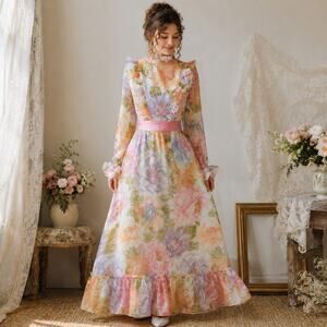 1970s Floral Prairie Maxi Dress, Ruffles Cottagecore Boho Wedding Dress - S